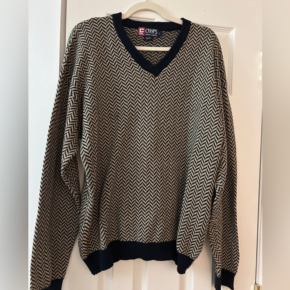 vintage Chaps Ralph Lauren Men’s V-Neck Herringbone Sweater  90’s preppy L